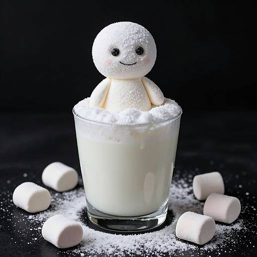 Photograph of a white marshmallow snowman with black dots for eyes and a smile, sitting in a glass of milk, surrounded by scattered marshmall