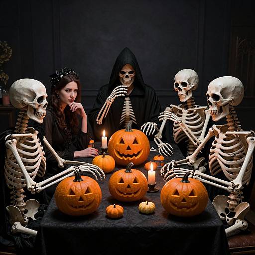 Photograph of four skeletal figures, one with a hood, around a dark table with lit candles and carved pumpkins, a woman with dark hair and