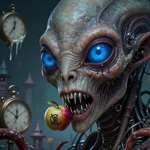 Digital CGI horror art: Alien-like creature with blue glowing eyes, sharp teeth, and wrinkled skin, holding a clock-marked apple. Background: