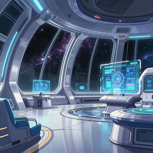 Digital art of a futuristic spaceship control room with glowing blue holographic screens, sleek metallic curves, and a starry outer space view through large windows.