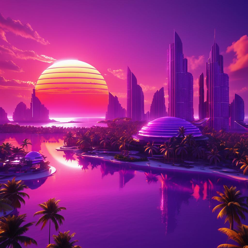 Futuristic Island with Red Sun and Purple Sky