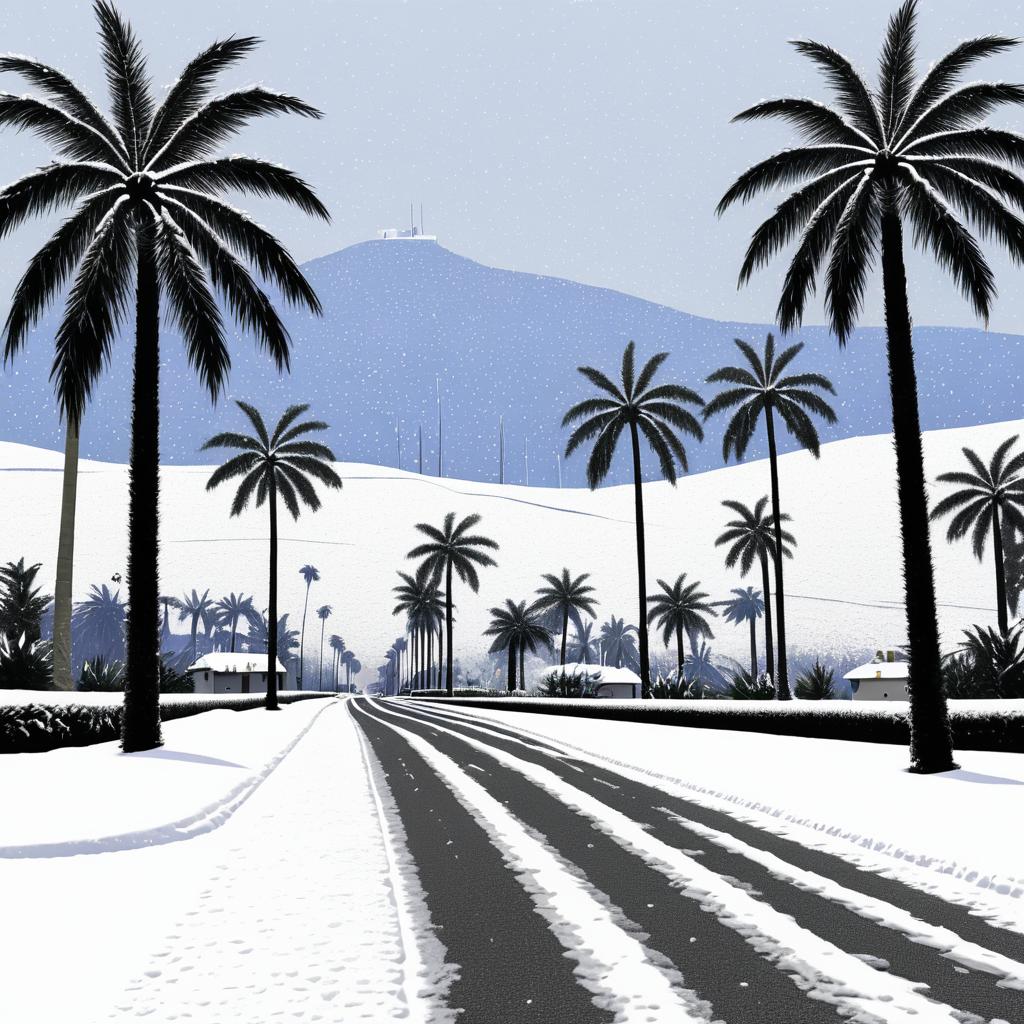 Snowy Italian Road with Totoro and Palm Trees