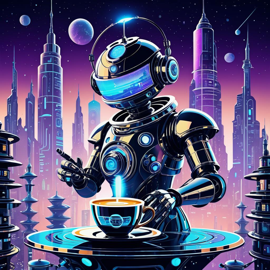 Futuristic Coffee Robot in Surreal Cityscape