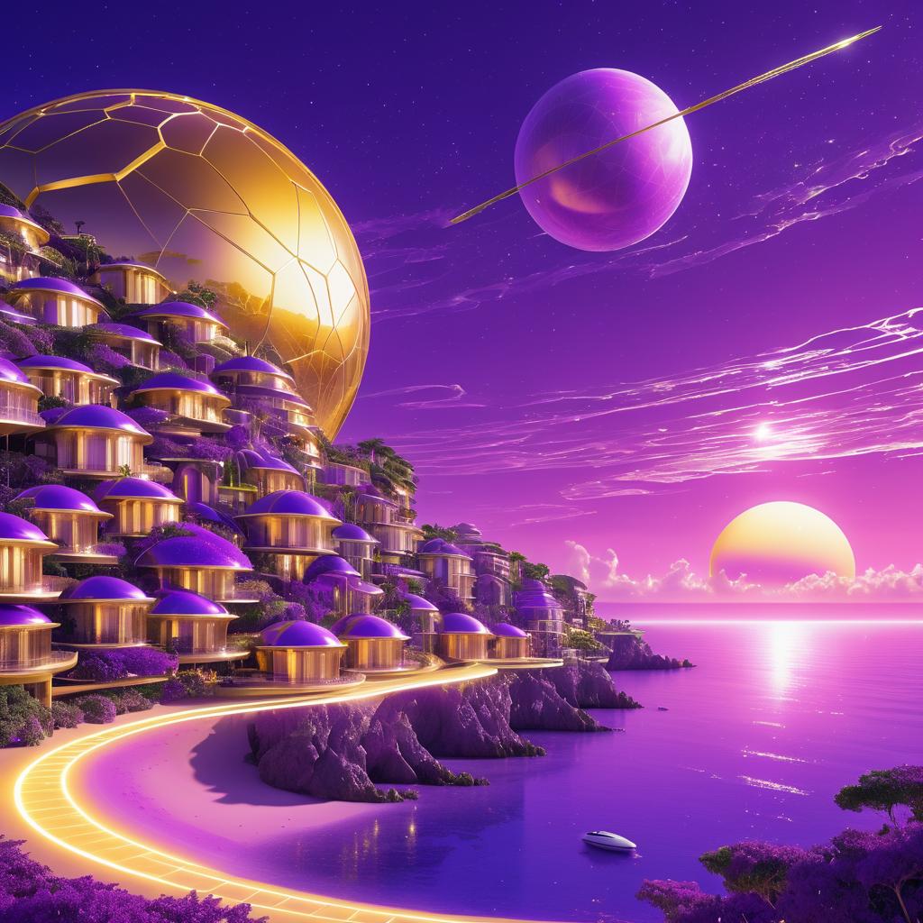 Futuristic Coastal Village Under Purple Sky