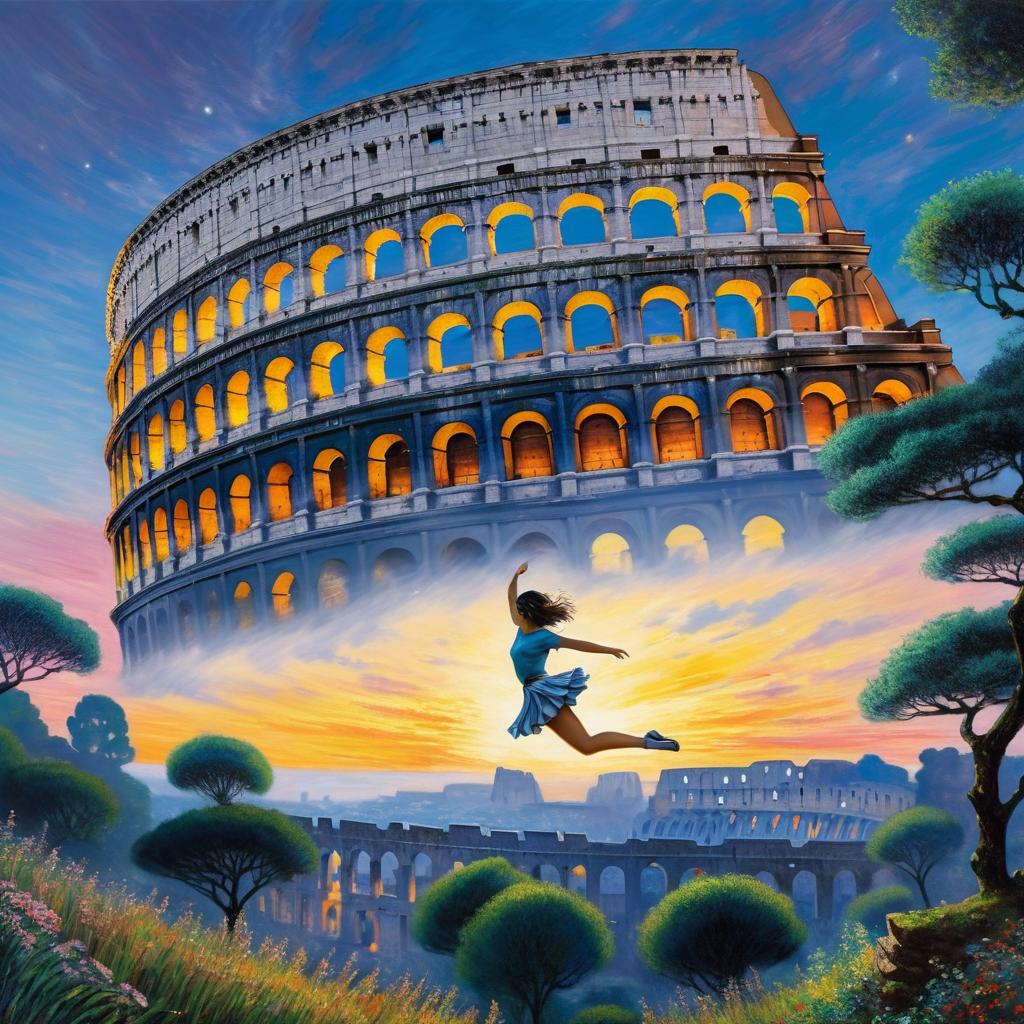 Fantastical Twilight Forest with Colosseum and Beauty