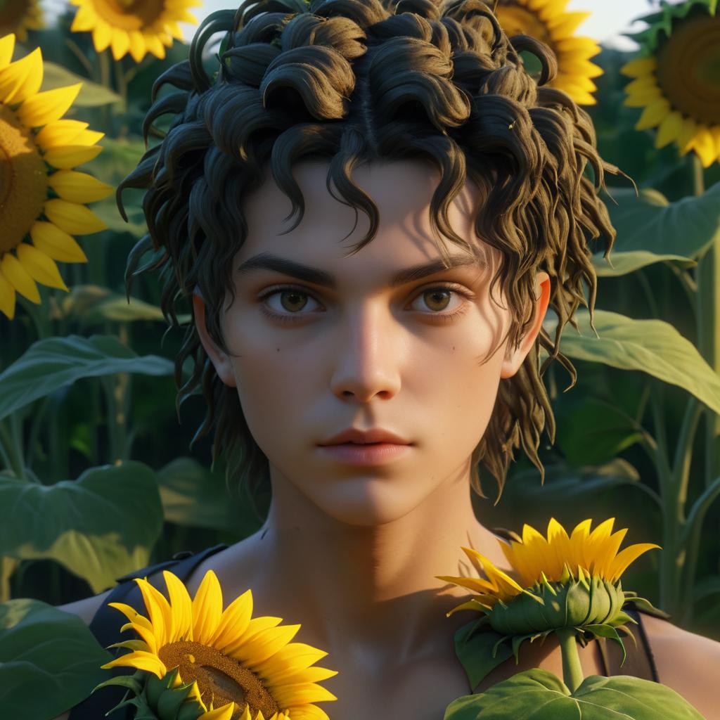 Serious Young Gorgon with Sunflowers