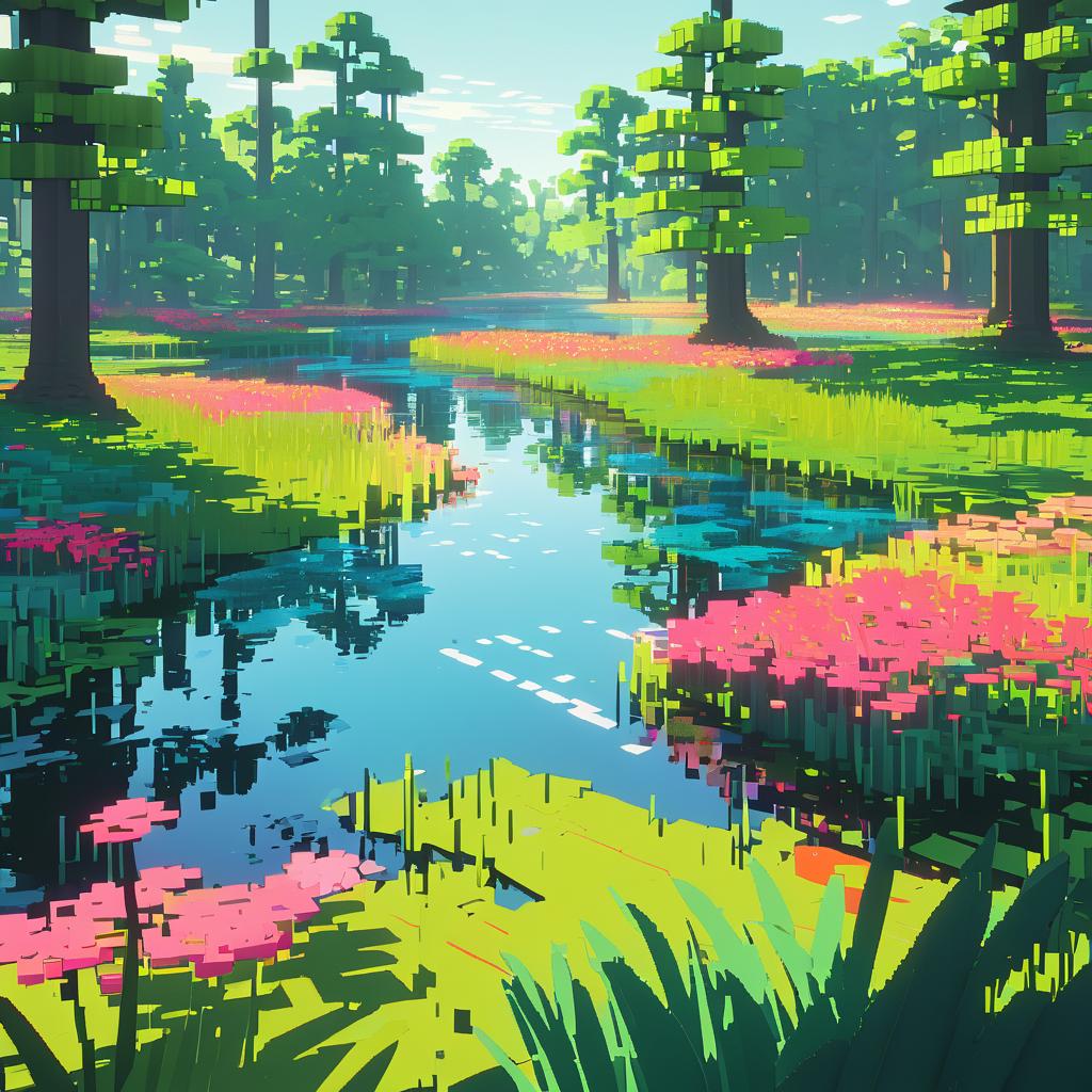 Vibrant Voxel Wetlands in Spring Light