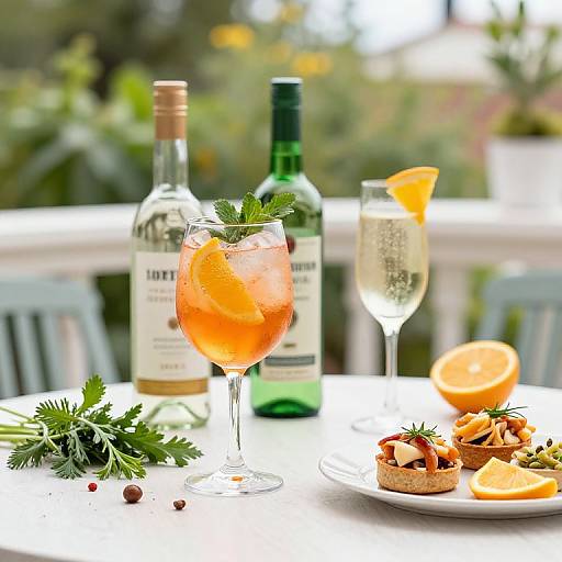 Photograph of a sunlit outdoor table with a pink cocktail, champagne, green bottle, garnished canapés, orange slices, and sprigs