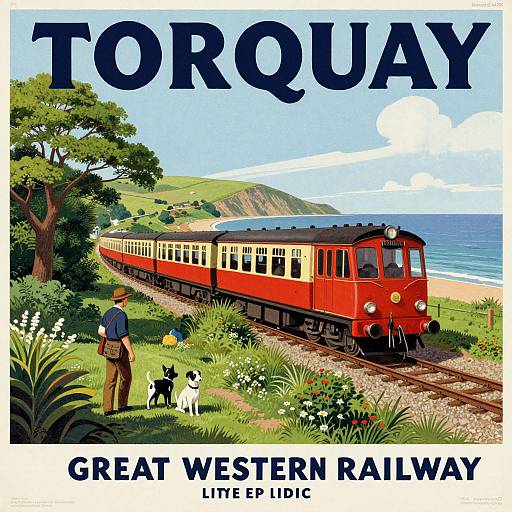 Vintage-style poster: Red train on Great Western Railway, man with dog, lush green hills, beach, and ocean, text reads 