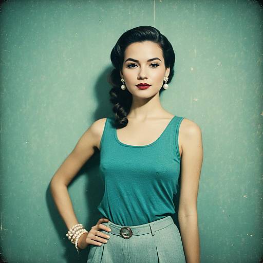Vintage Style Young Woman in Teal Outfit