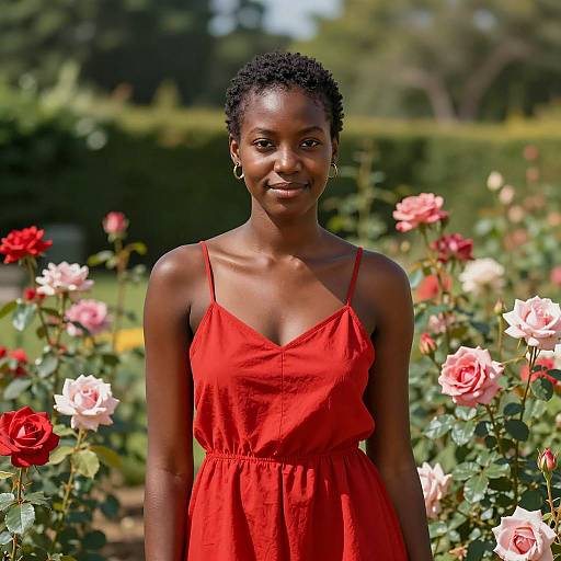 Black Woman in Red Dress Among Roses