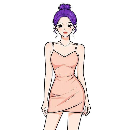 Digital anime-style drawing of a cute woman with purple hair in a bun, wearing a pink, form-fitting, spaghetti-strap dress.