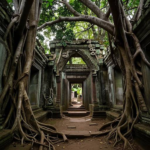 Photograph of an ancient, overgrown temple corridor with massive tree roots framing the archway, leading to a sunlit exit. Dark, moss-covered