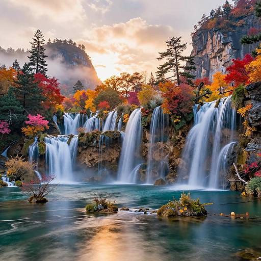 Autumn Waterfalls and Vibrant Sky