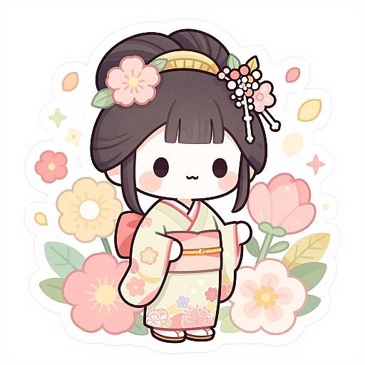 Chibi-style drawing of a cute, smiling girl in a pink floral kimono with a traditional Japanese hair accessory, surrounded by pastel flowers.
