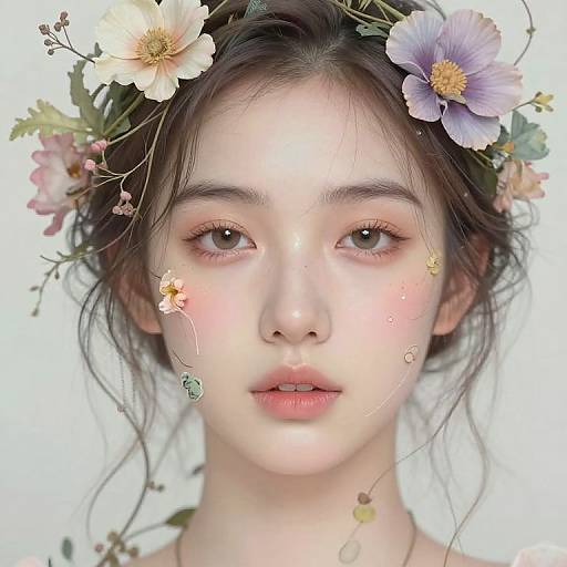 Digital portrait of a young Asian woman with fair skin, brown eyes, and subtle makeup, wearing a floral crown with pastel flowers, set against a