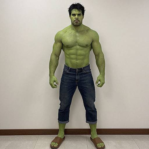 Photograph of a muscular, green-skinned man with black hair, beard, and intense expression, wearing blue jeans and brown sandals, standing against a