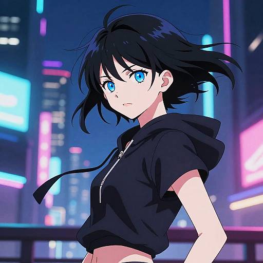 Anime-style digital drawing of a young woman with blue eyes, black short hair, wearing a black hooded crop top, standing in a neon-lit