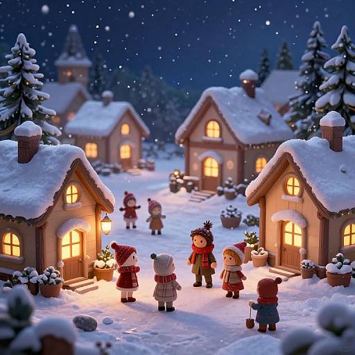 Whimsical digital art of snow-covered village at night, glowing houses, cute toy-like children in winter clothes, snowflakes, and pine trees