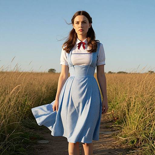 Photograph of a young woman with long brown hair, wearing a blue checkered dress, white shirt, and red bowtie, standing in a sun