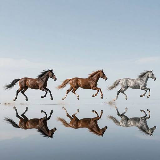 Photograph of three galloping horses—brown, chestnut, and white—with their reflections mirrored on a shiny, reflective surface against a clear blue