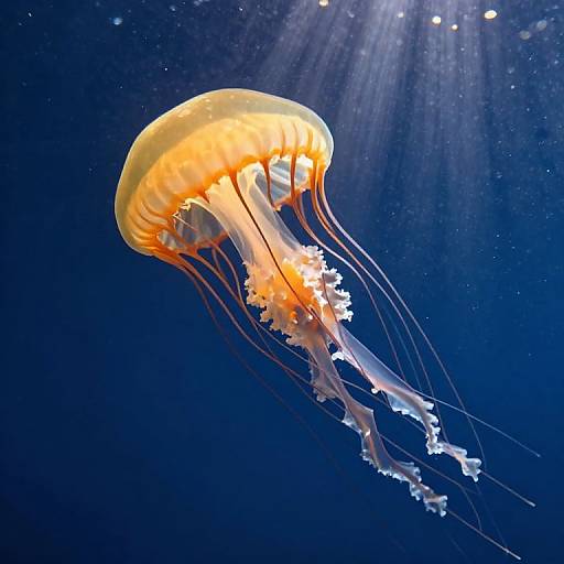 Photograph of a vibrant orange and yellow jellyfish with translucent, flowing tentacles, illuminated by sunlight in a deep blue ocean.