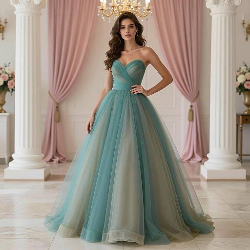 Elegant Teal Ball Gown in Indoor Setting