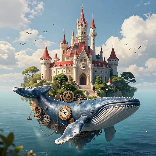 Fantastical digital artwork: A whimsical castle with red roofs floats on a giant blue whale adorned with gears and clockwork mechanisms, surrounded by lush