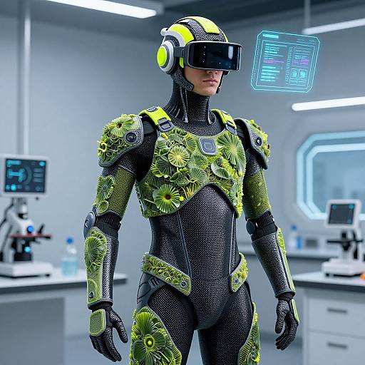 CGI image of a futuristic female scientist in a neon green and black cybernetic suit, wearing a VR headset, standing in a high-tech laboratory