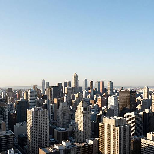 Photograph of a bustling cityscape at sunrise, showcasing a dense array of high-rise buildings with varying heights and architectural styles, under a clear, bright
