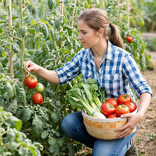 Woman Harvesting Tomatoes in Garden