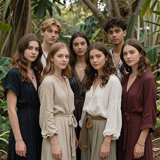 Photograph of six young adults standing in a lush, tropical forest. Diverse group wearing bohemian-style clothing, white, black, beige,