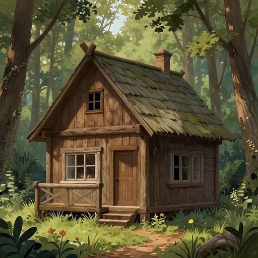Whimsical digital illustration of a small wooden cottage with a moss-covered roof, nestled in a sunlit, lush forest clearing.