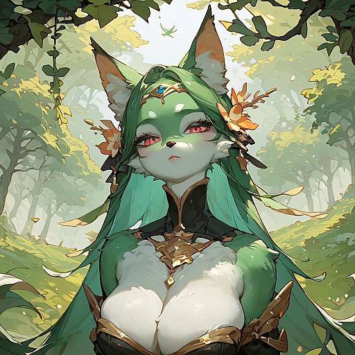 Digital anime-style artwork of a green-furred, fox-eared female character with pink eyes, large breasts, and gold armor, set in a sun
