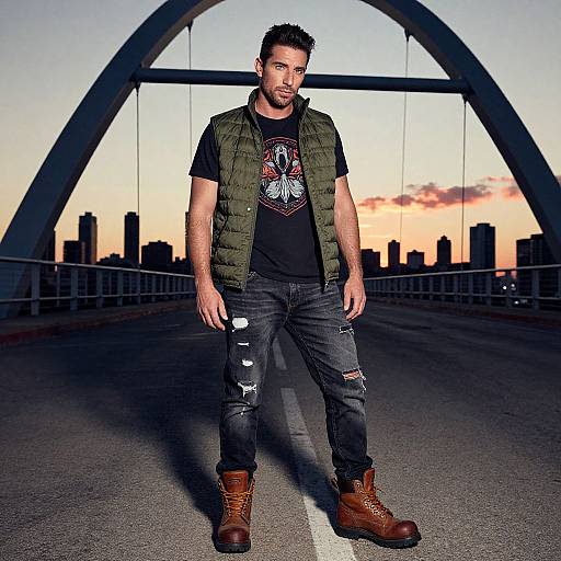 Photograph of a bearded man with short dark hair, wearing a green puffer vest, black t-shirt, ripped jeans, and brown boots,