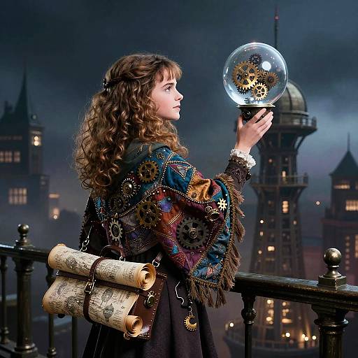 Steampunk woman with curly brown hair, colorful fringed cloak, holding a glass orb with gears, scroll on back, night cityscape.