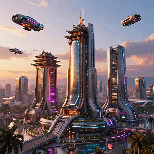 Futuristic Zeitalter Cityscape at Sunset