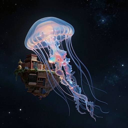 Digital artwork: A glowing jellyfish with translucent blue and pink tentacles floats beside a whimsical floating library in a starry night sky.