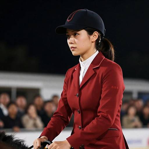 Young Woman in Red Equestrian Outfit Riding Horse at Night