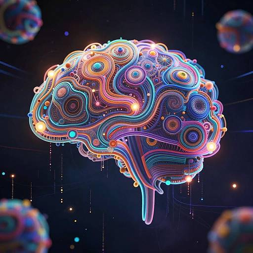 Digital artwork of a glowing, neon-colored, circuit-like human brain floating in a dark, starry space, surrounded by smaller, similarly illuminated brains.
