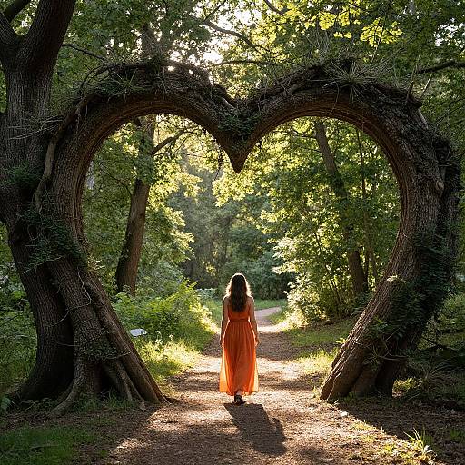 Photograph of a woman in an orange dress standing under a heart-shaped tree arch in a sunlit forest, with sunlight filtering through green leaves.