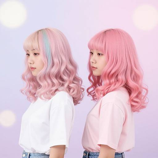 Photograph of two Asian women with wavy, pastel pink and pink hair, wearing white shirts, standing side-by-side against a white background.