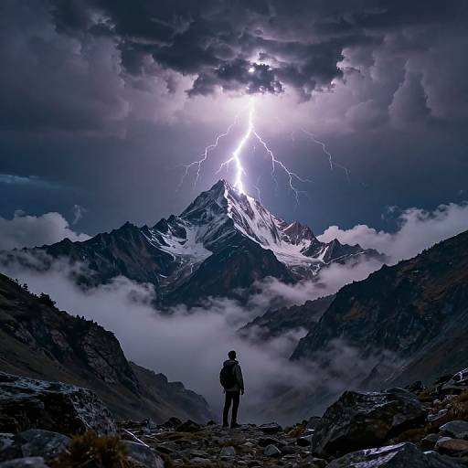 Photograph of a lone hiker standing in front of a snow-capped mountain, with a bright lightning bolt striking the peak against a stormy,