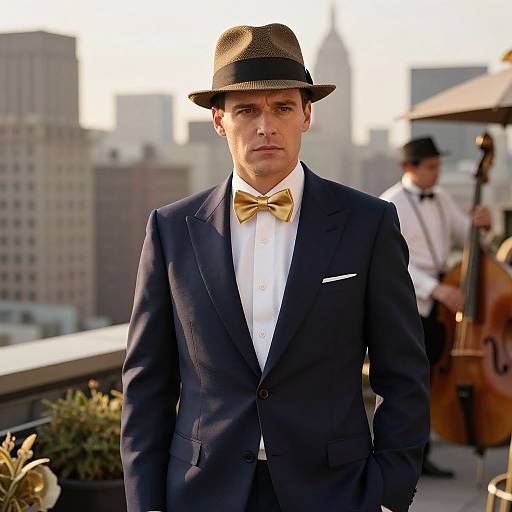 Photograph of a stern-faced man in a navy suit, gold bow tie, and brown fedora, standing on a rooftop with a musician playing a