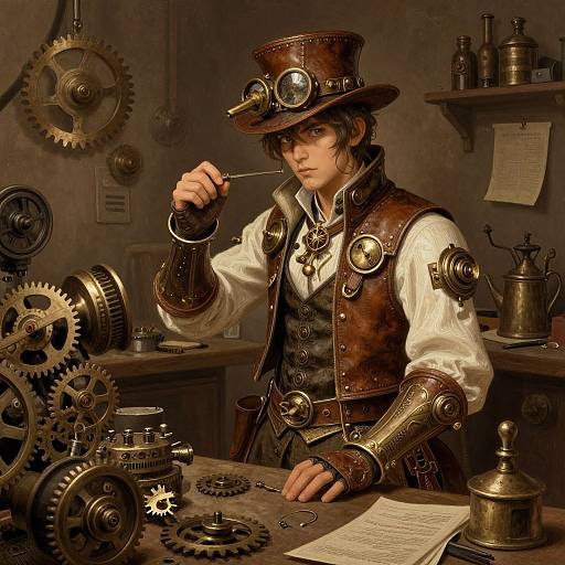 Steampunk inventor with goggles, brass arm gears, brown vest, white shirt, and top hat, adjusts monocle in a cluttered workshop.