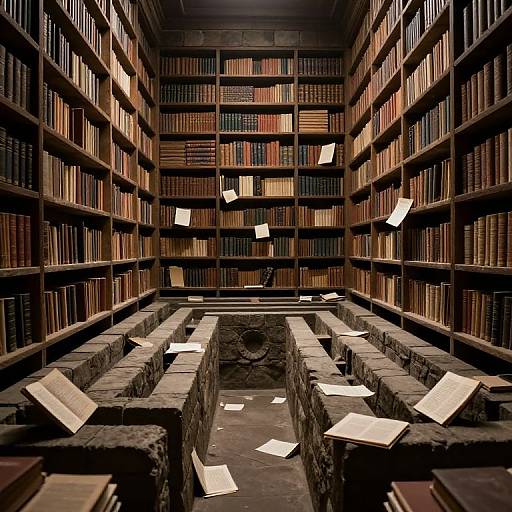 Photograph of a dimly lit, spacious library with wooden bookshelves filled with colorful books, stone reading tables, and scattered open notes.