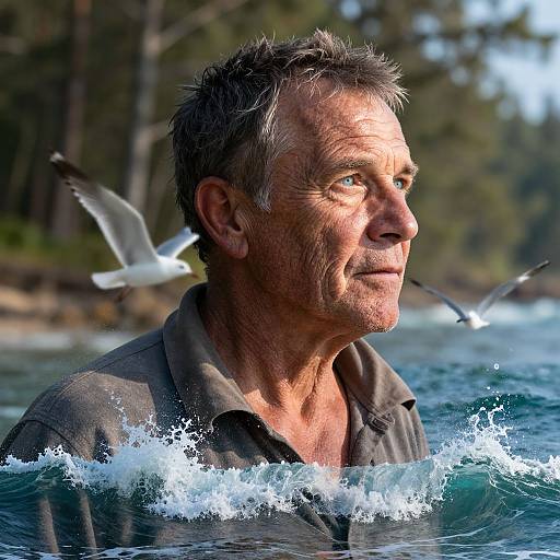 Photograph of an older man with rugged features, short gray hair, and weathered skin, wearing a dark shirt, standing in shallow ocean water with