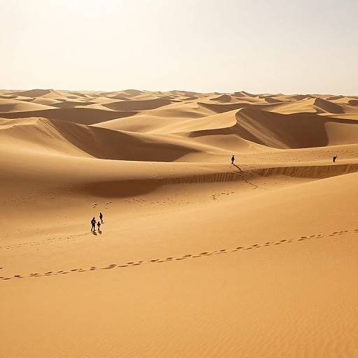Photograph of a vast golden desert with undulating sand dunes, under bright sunlight. Three small, silhouetted figures walk, leaving a