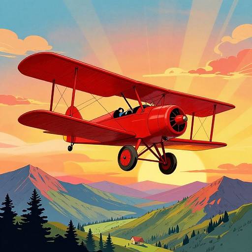 Vibrant digital illustration of a red biplane flying over mountainous landscape at sunset, with colorful sky and sun rays.