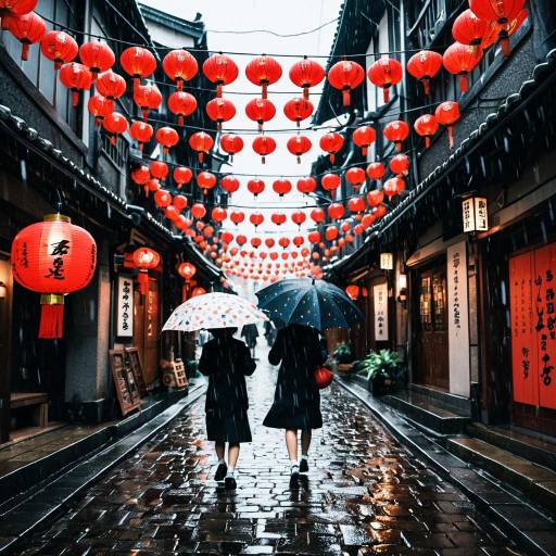 Rainy Alley with Red Lanterns and Umbrellas